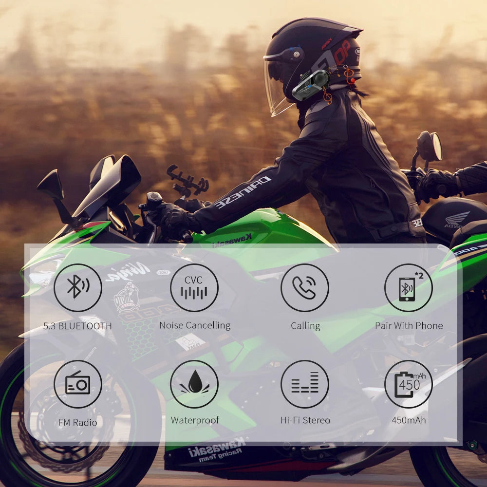 Bluetooth 5.3 Motorcycle Helmet Headset - Wireless Stereo Earbuds